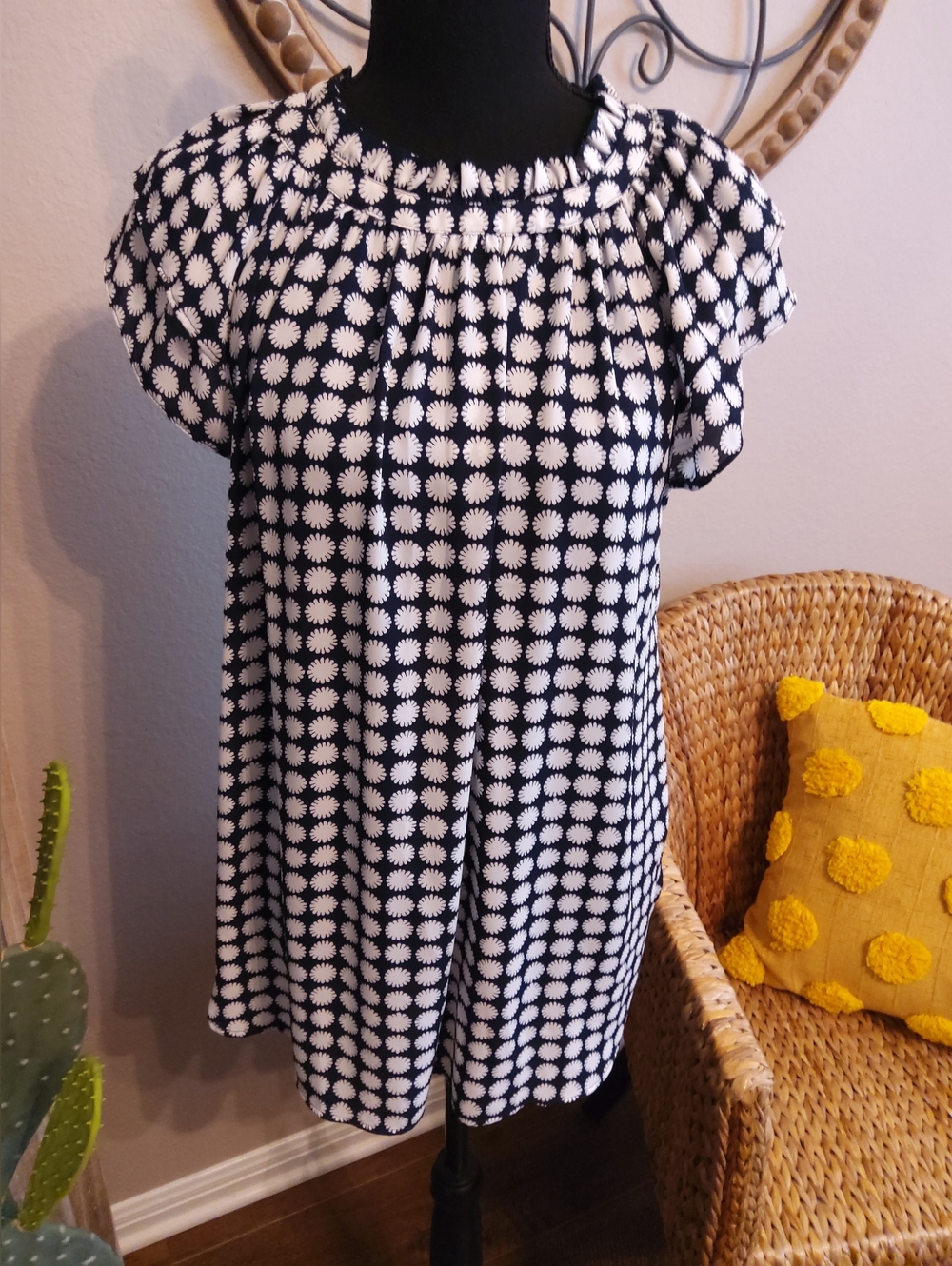 Ann Taylor Navy Blouse with White Daisy Motif